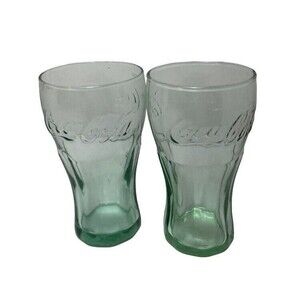Coca Cola Juice Sized Glasses Embossed Green Glass Cola Bottle Shaped Lot of 2